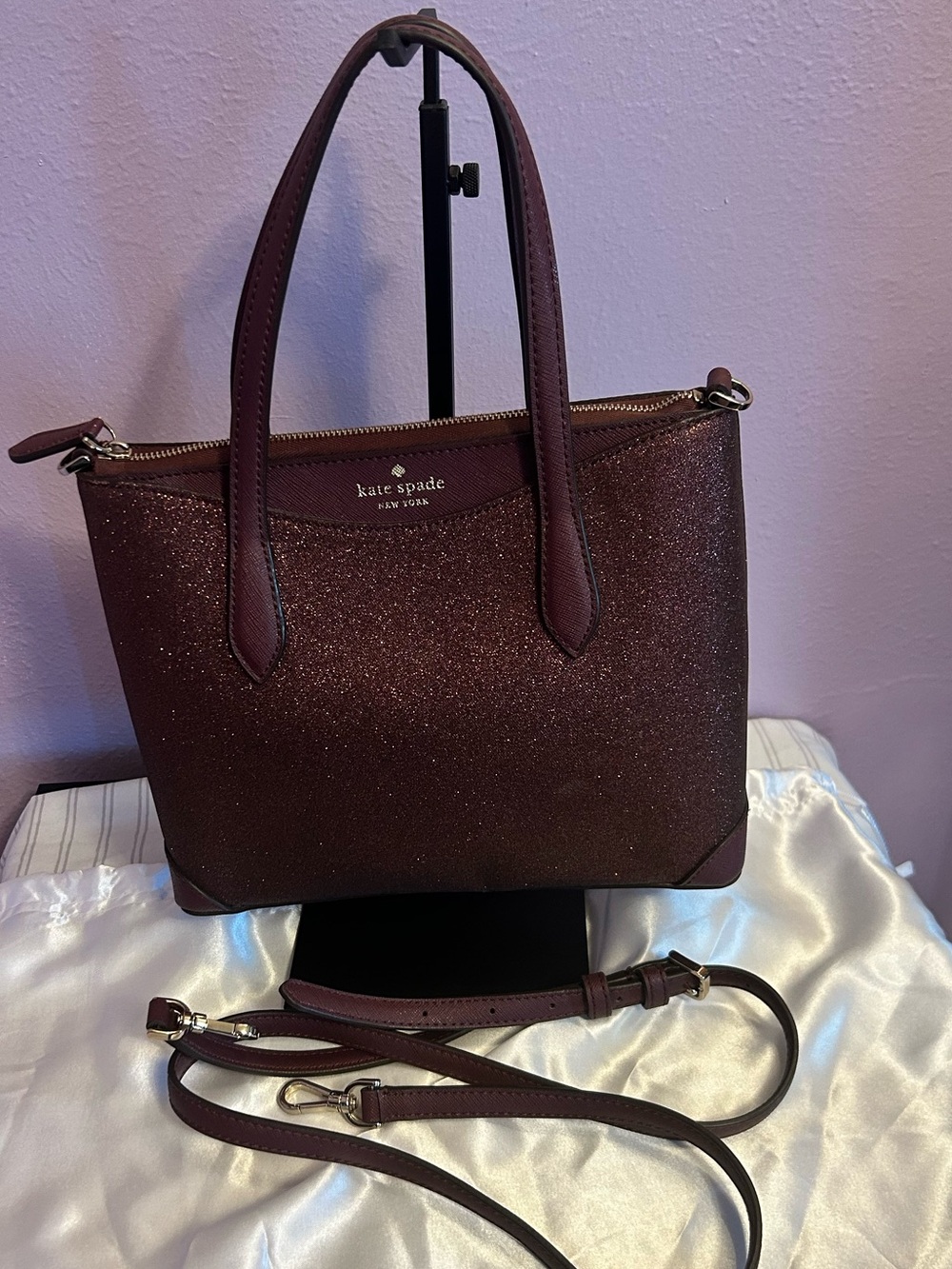 kate spade Burgundy Sparkle Shoulder Bag with Detachable Strap